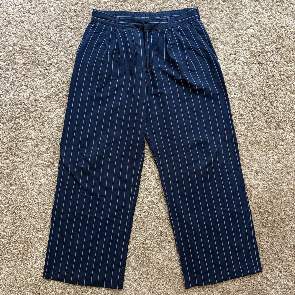 GAP High Rise Dark Blue Pin Striped Linen Cotton Blend Pants Baggy Wom’s Size 12
